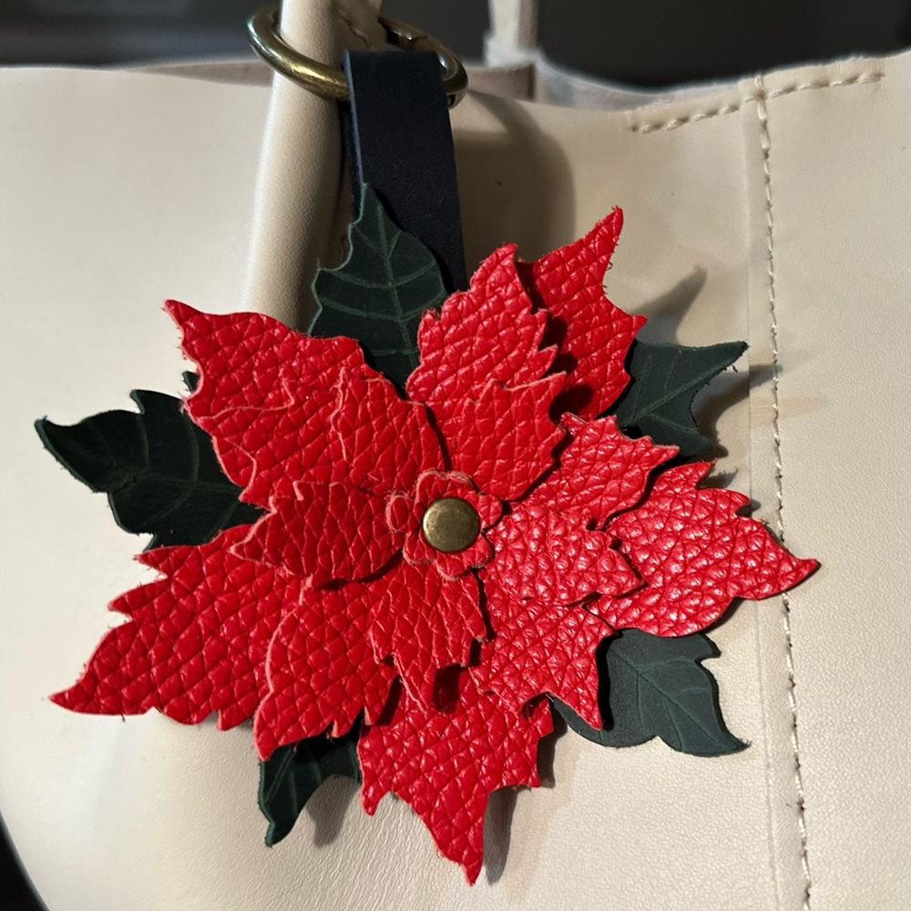 Red Poinsettia Leather Charm, Flair, Keychain